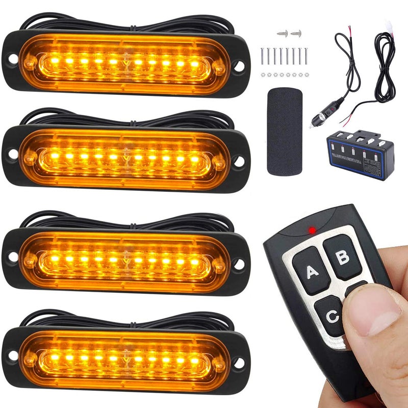 EASE2U E Led Strobe Lights for Trucks Vehicles Suvs, 4pcs 12-24V Emergency Warning Lights Caution Hazard Construction Ultra Slim Sync Feature Car Truck with Main Control Box Surface Mount (Amber) - Image 1